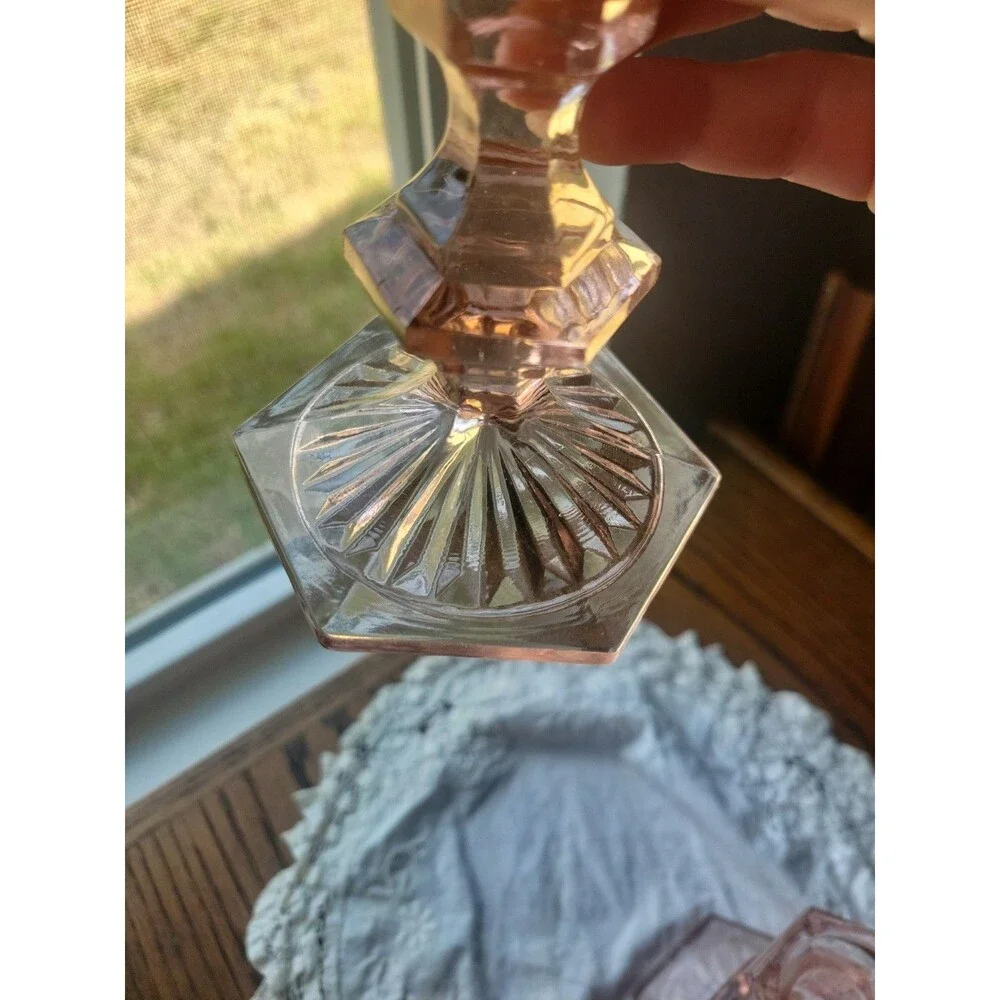 Vtg Depression Glass Pair of Dark Rose Pink Candlestick Holders  5